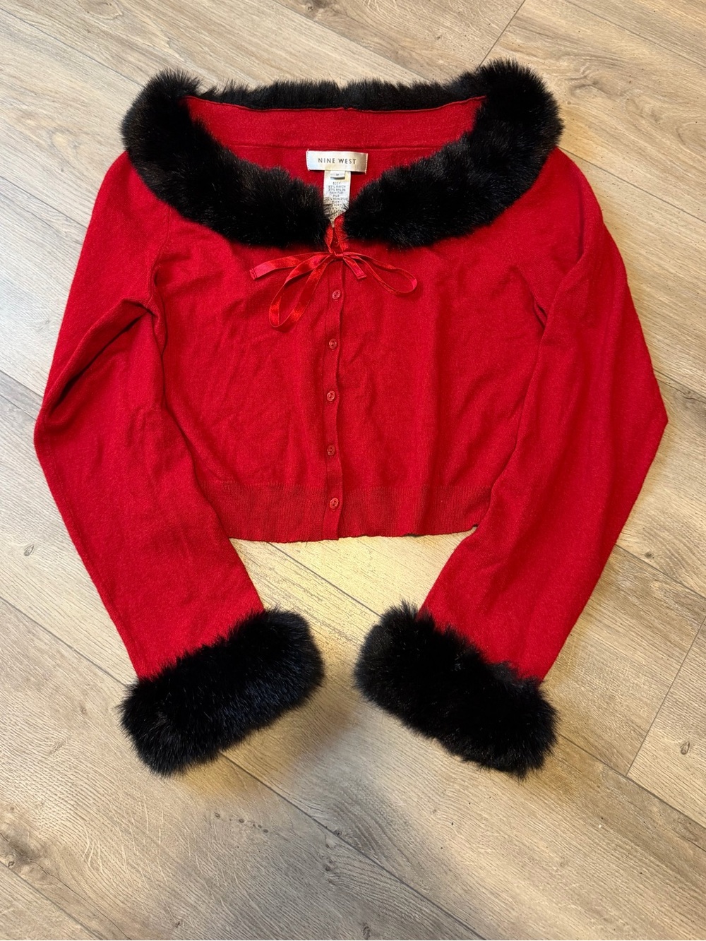Nine West Red Cropped Cardigan with Black Faux Fur Collar and Cuffs